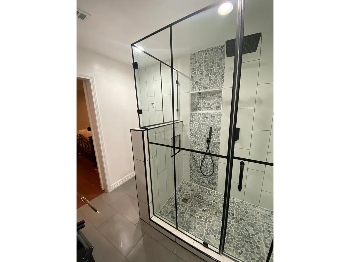 Black grid-style shower enclosure