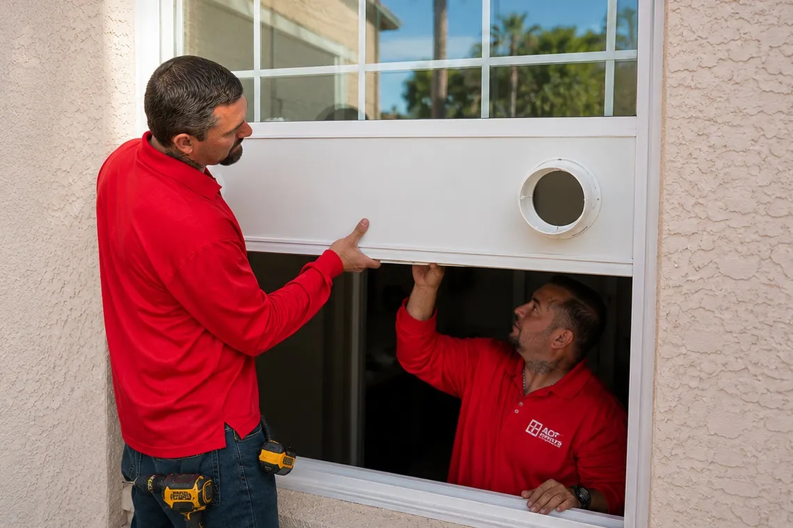 Euro Glass technicians installing a custom AC port in a window