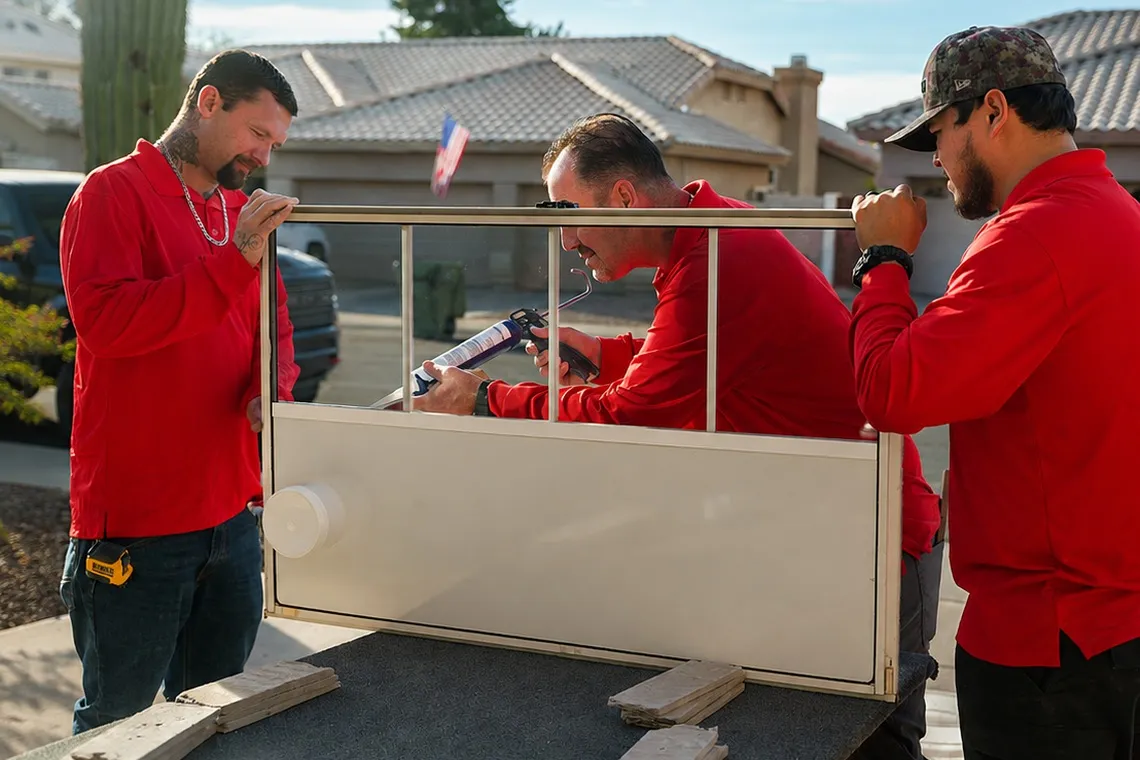 Euro Glass team building a custom insulated AC port panel