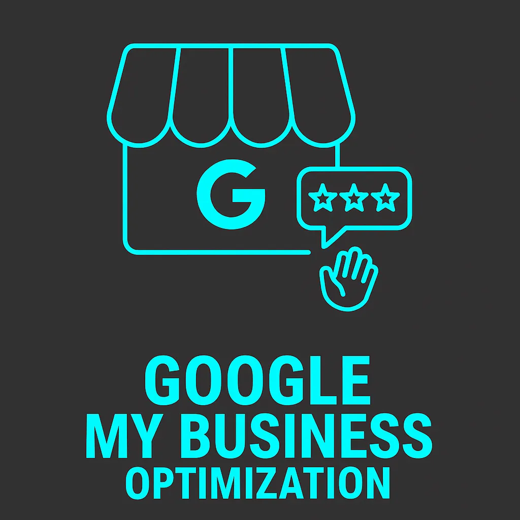 neon blue and grey location pin with gear icon representing Google My Business Optimization service by Agents One