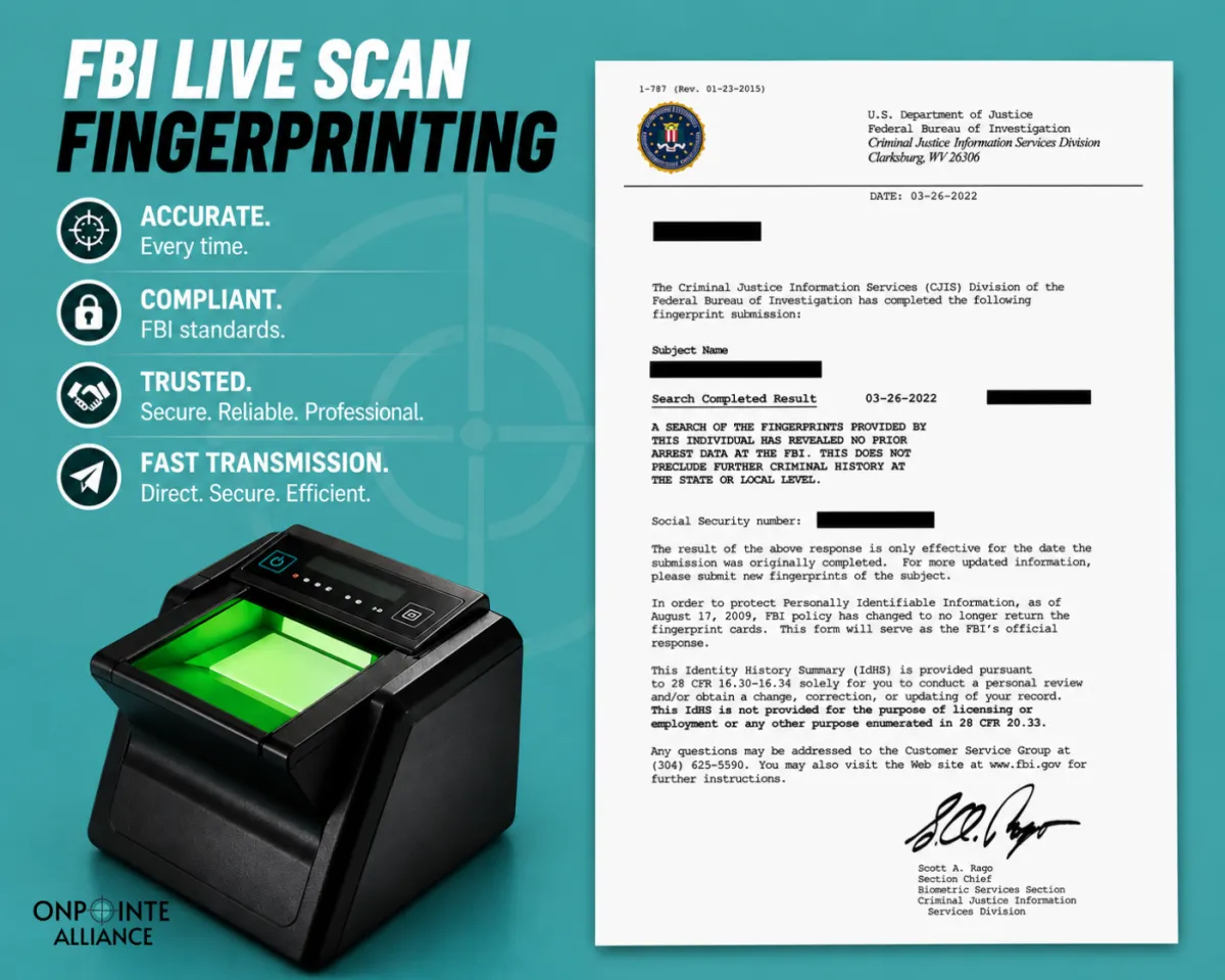 FBI Live Scan fingerprint processing with secure electronic submission for FBI background checks through OnPointe Alliance.
