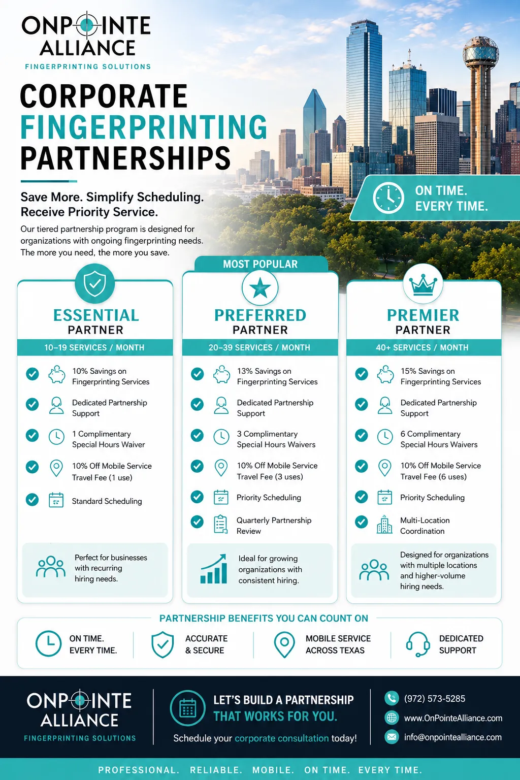 OnPointe Alliance Corporate Fingerprinting Partnership Guide featuring partnership tiers and benefits for organizations.