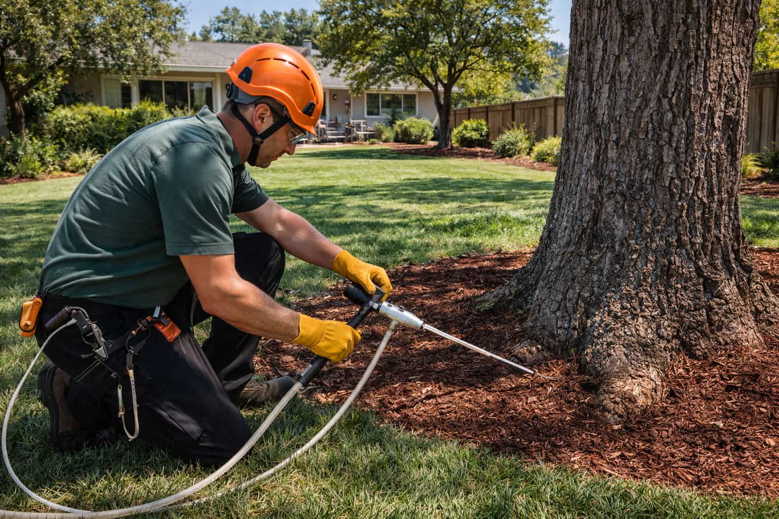 Tree health and disease treatment in Petaluma CA with arborist applying soil injection treatment at base of oak tree