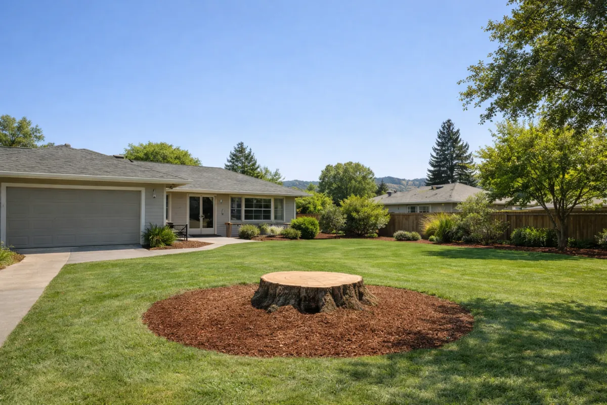 Professional tree removal service in Petaluma CA with freshly cut tree stump in residential front yard