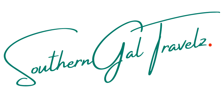 SouthernGal Travelz Logo is represented by bold green colors with overly large upper cased first letters of each word ending with a bright red period