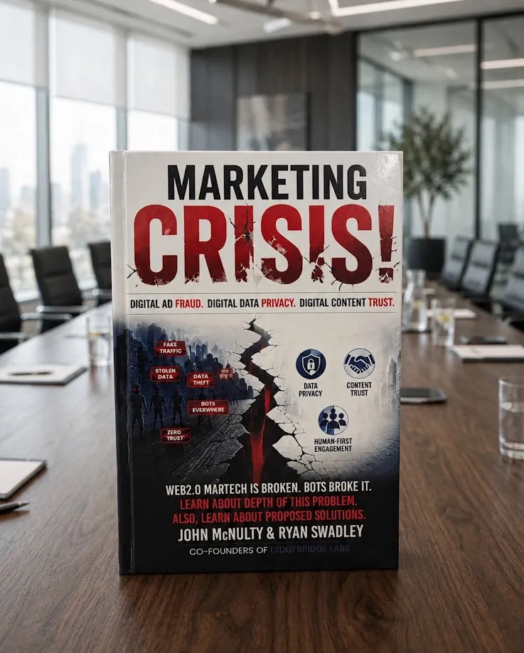 Marketing Crisis Book Cover by John McNulty and Ryan Swadley - Web 2.0 MarTech is Broken. Bots Broke It.