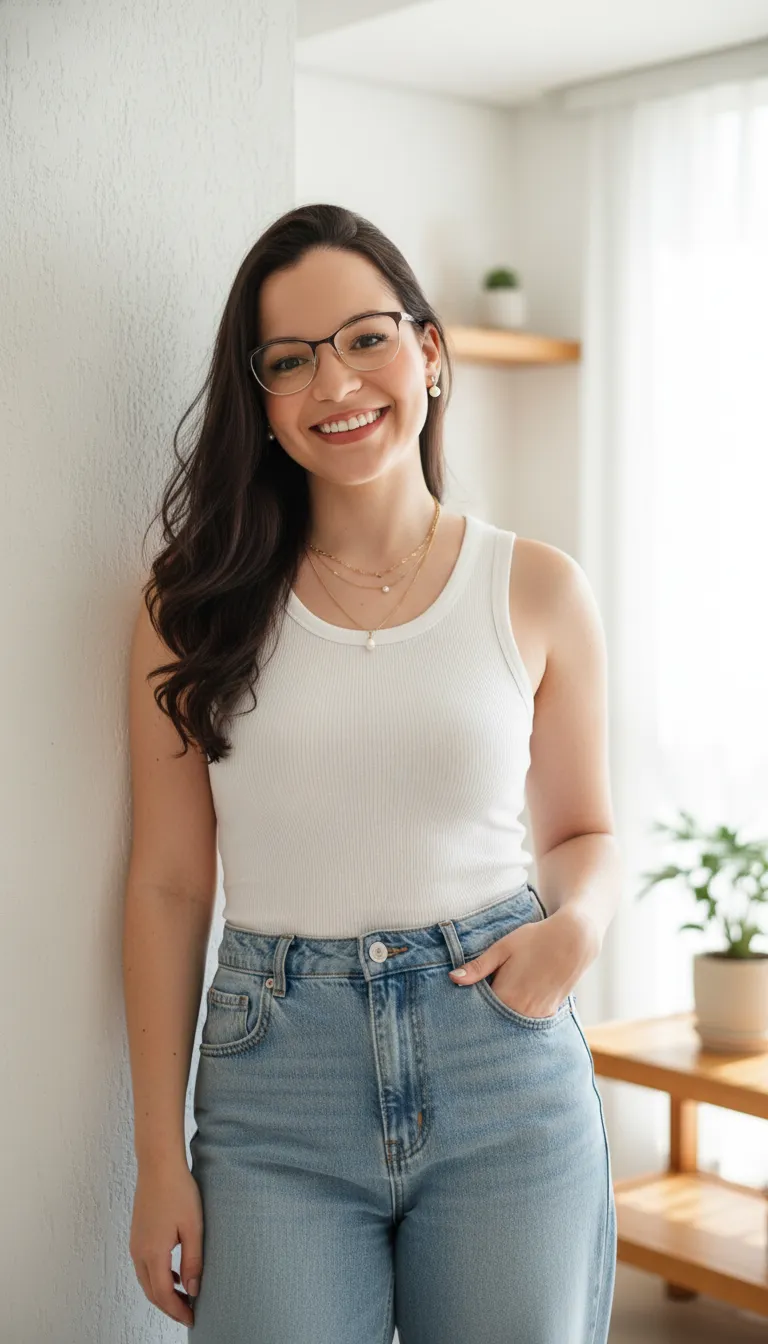 Smiling woman with glasses sitting cross-legged on a modern chair with a laptop on her lap