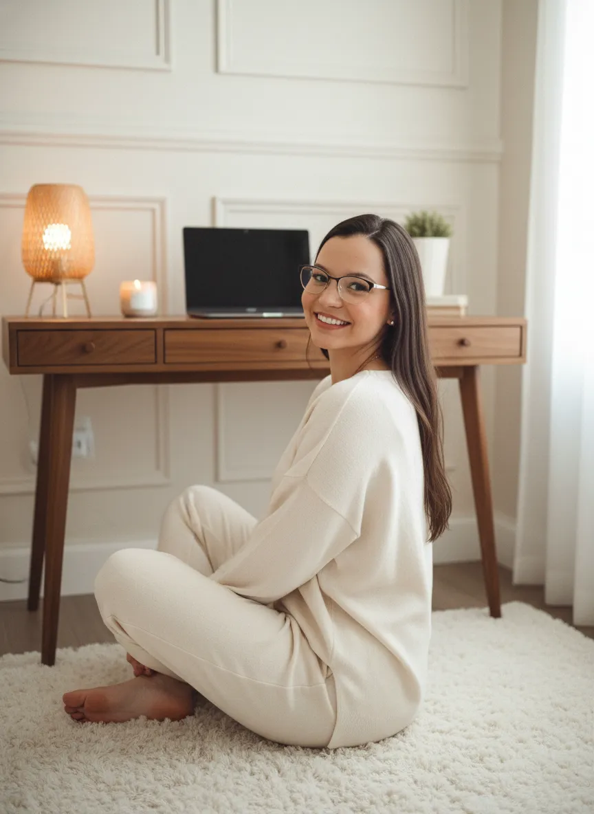 Woman sitting on a chair using a laptop in a well-lit room