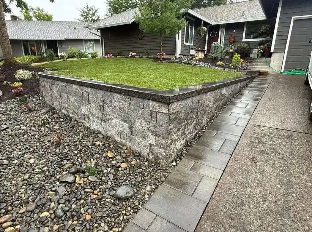 Raised block retaining wall with capped lawn platform, paver walkway, and river rock ground cover by HD Landscape in Lake Oswego