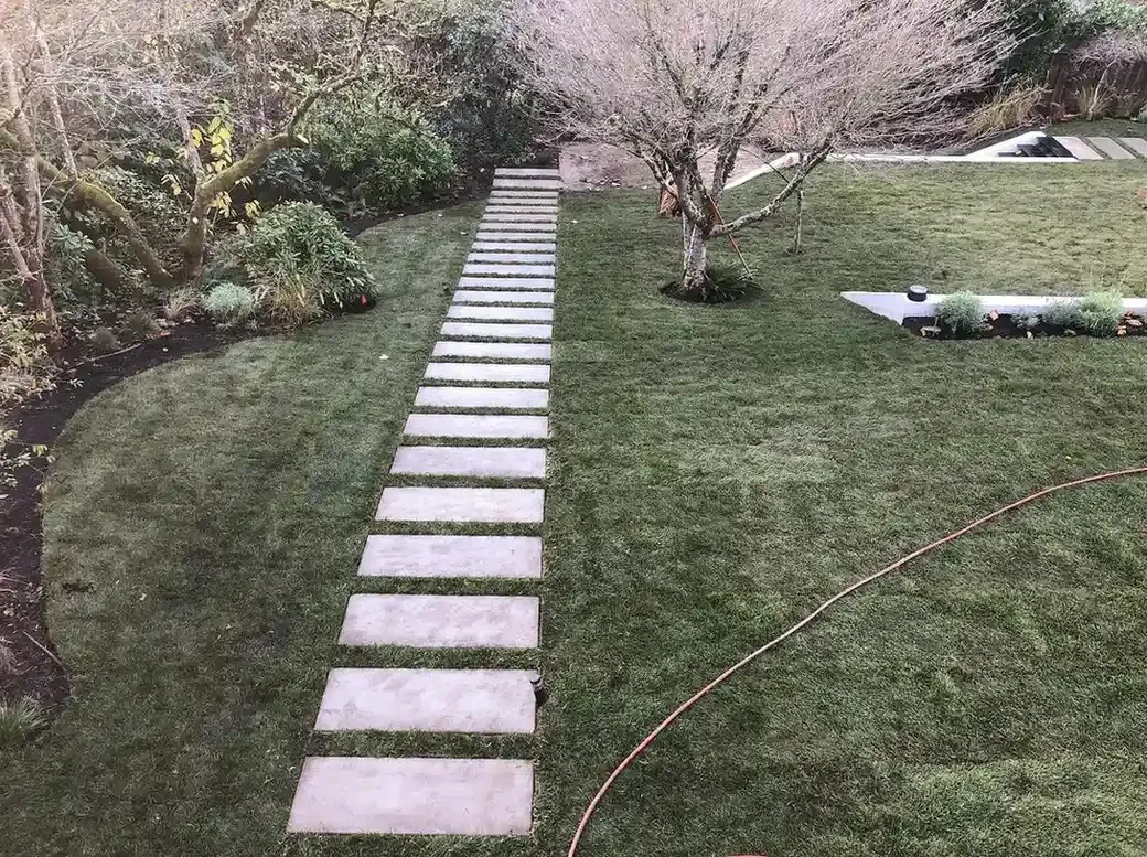 Concrete stepping stone pathway through a manicured lawn with curved planting beds by HD Landscape in Lake Oswego