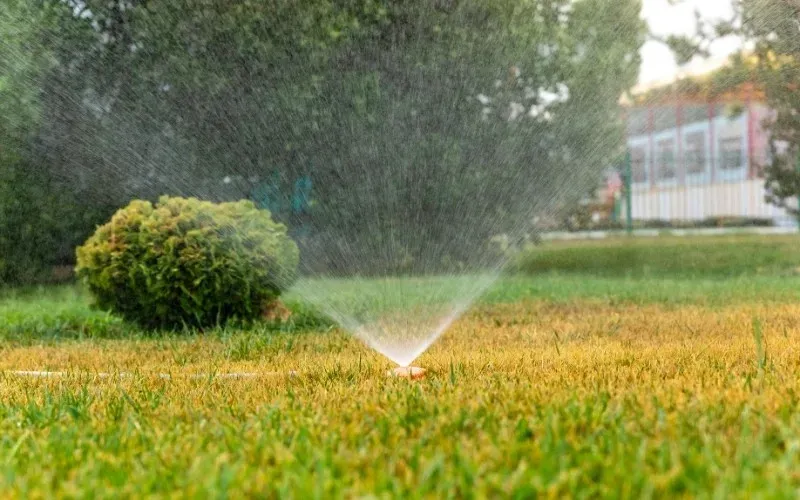 Sprinkler system head watering residential lawn during irrigation service installation by HD Landscape in Beaverton