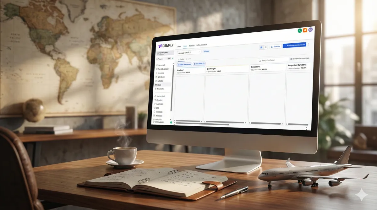 Dashboard do CRMFLY com pipeline de viagens e cotações
