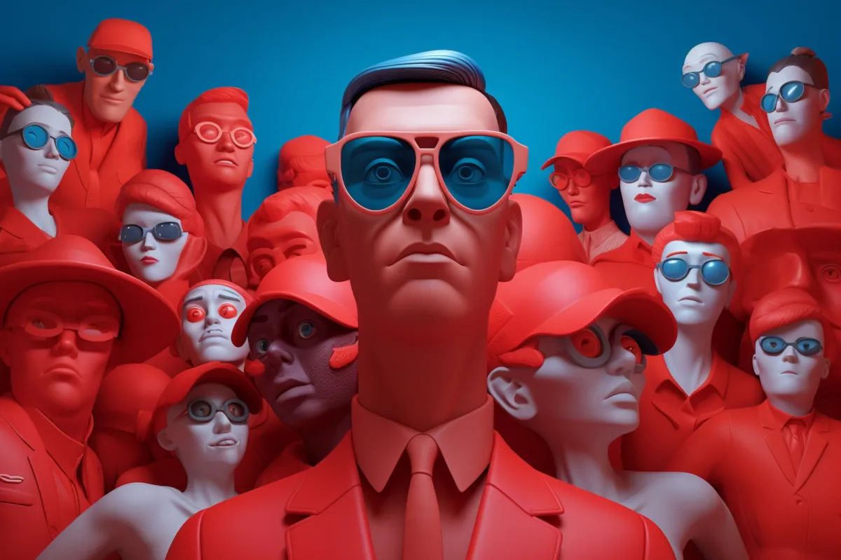 Confident individual in bright red suit and blue sunglasses standing out among a crowd of similarly dressed people, representing personal branding and uniqueness.