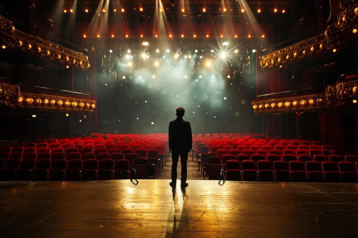 Speaker standing center stage in a grand, empty theater lit dramatically from above.