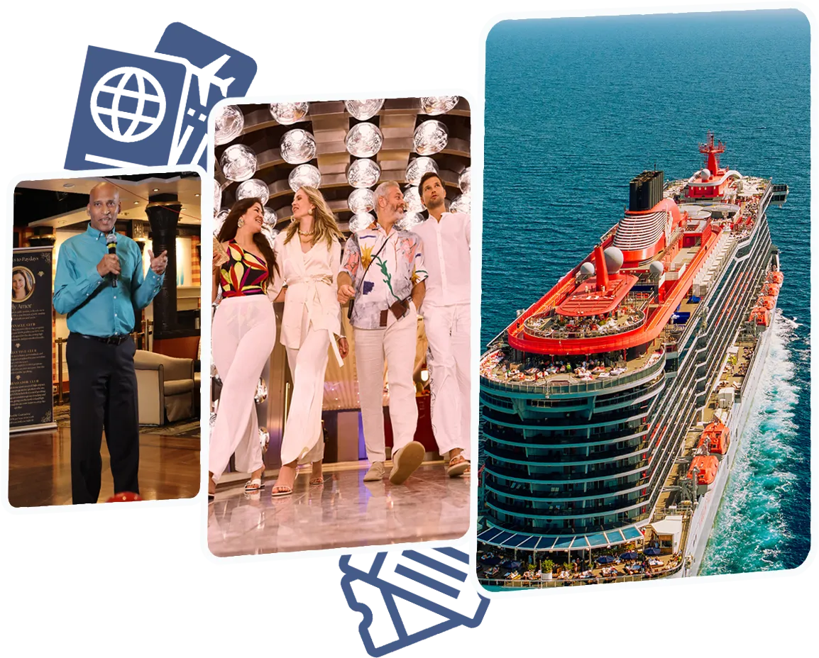 Collage of the SWF Cruise experience featuring a speaker on stage, a stylish group of attendees networking indoors, and the Virgin Voyages Scarlet Lady cruise ship sailing in the ocean.