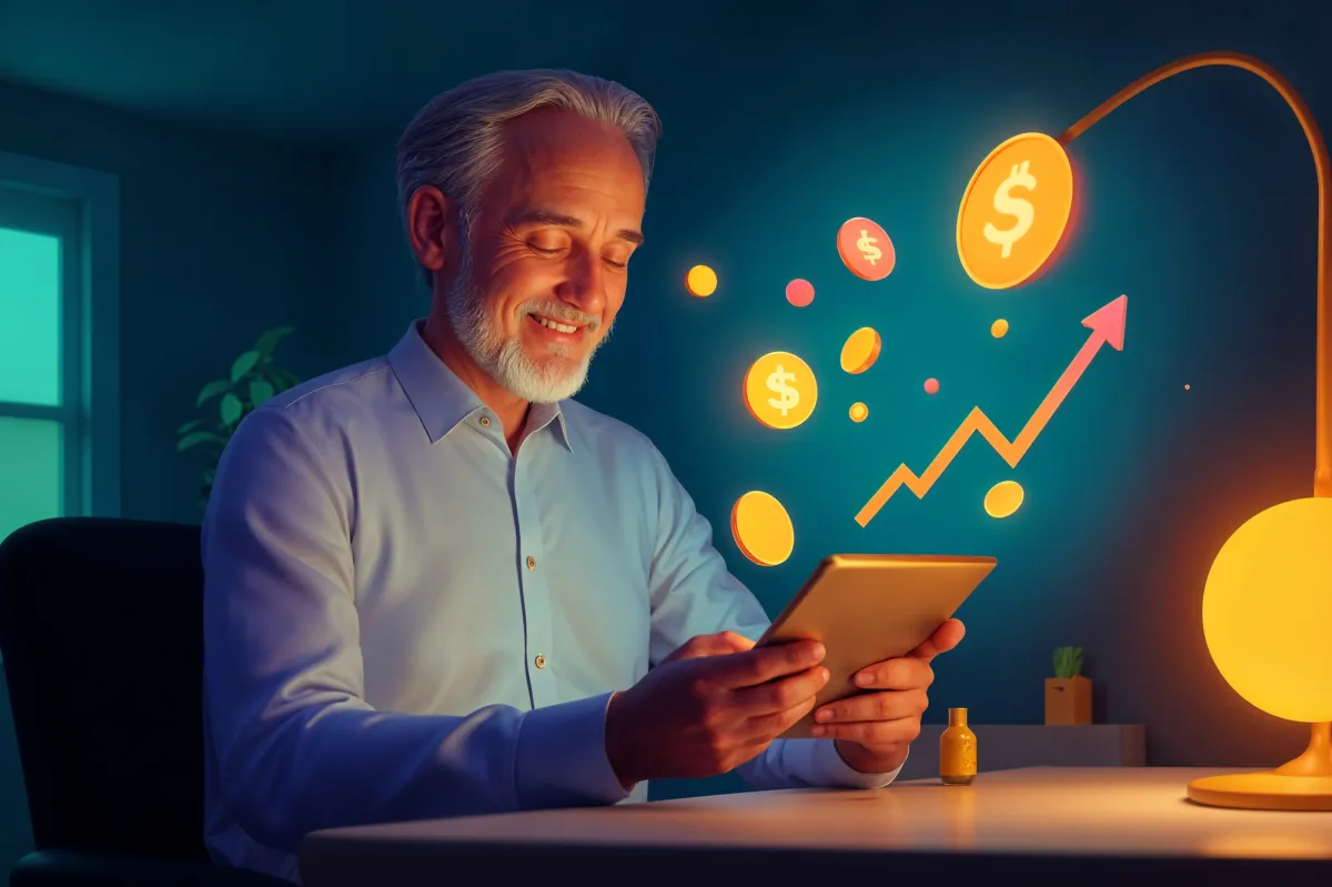 Smiling business professional using a digital tablet, surrounded by floating icons of dollar signs and growth charts symbolizing premium earnings.