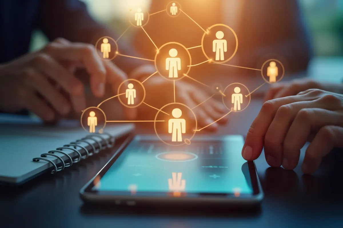 Hands interacting with a tablet displaying a glowing network of referral icons and connected people.