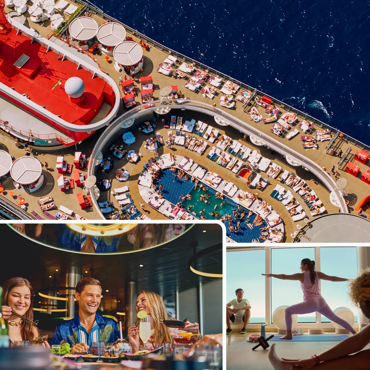 Collage showcasing the SWF Cruise experience: an aerial view of the Virgin Voyages ship deck with a pool and sunbathers, a lively group dining scene with cocktails, and a yoga session in front of ocean-view windows.