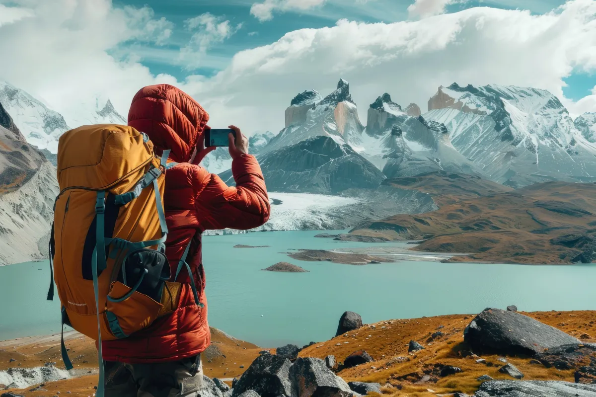 Backpacker with orange jacket overlooking a scenic mountain landscape near a lake, symbolizing global travel opportunities.