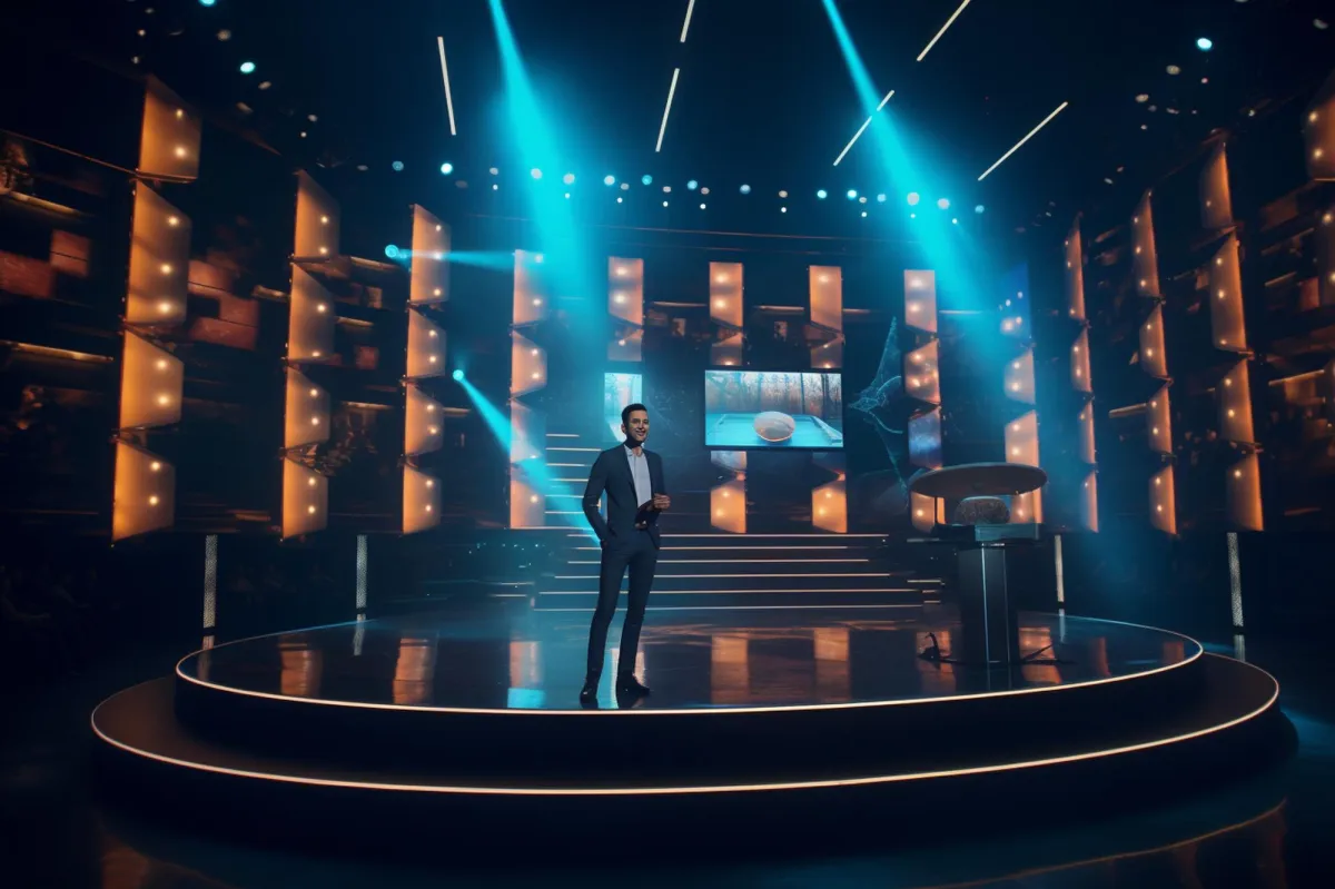 Confident speaker presenting on a modern, circular stage illuminated with dramatic blue lighting.