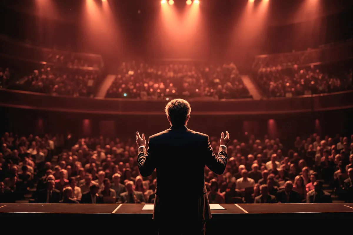 Speaker standing on stage facing a full auditorium of attendees under warm stage lighting