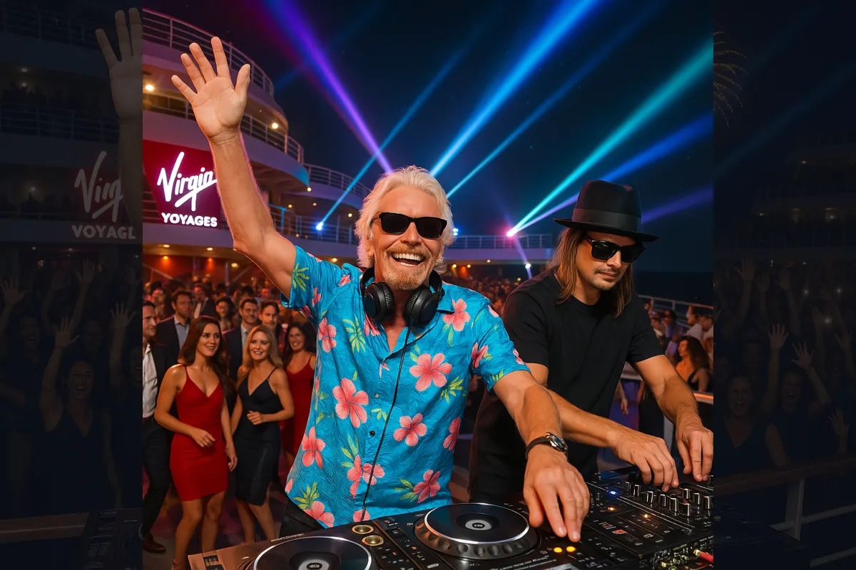 DJ performing on the Virgin Voyages deck at night with colorful laser lights and a lively dancing crowd, showcasing the cruise’s vibrant entertainment experience.