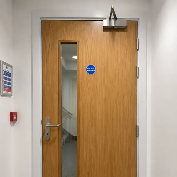 A fire exit door we installed in a corridor in Caerphilly