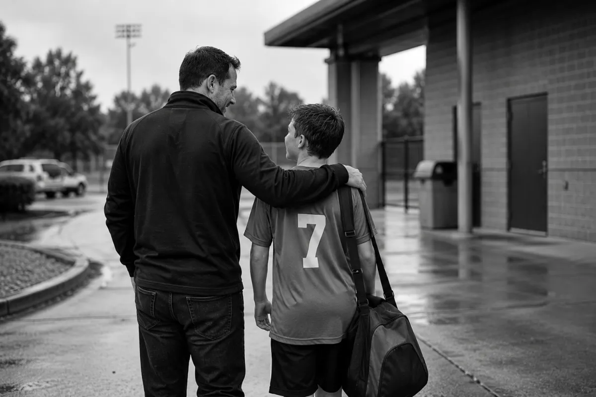 Parent supporting a young athlete after competition