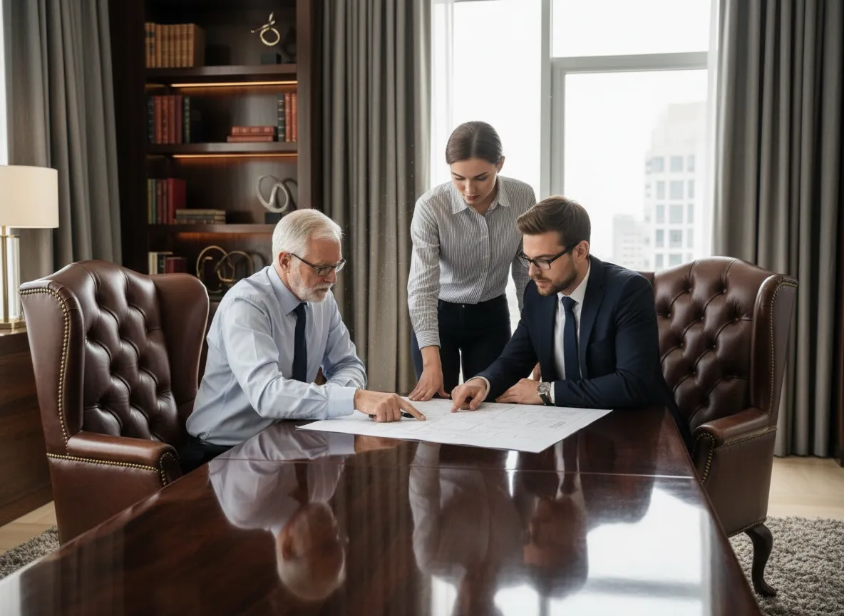 Fotografía de un equipo diverso de consultores reunidos en una sala elegante, mesa de madera oscura, luz natural suave entrando por grandes ventanales, todos vestidos formalmente, revisando documentos y sonriendo, ambiente profesional y cálido, transmitiendo confianza y experiencia en el sector funerario.