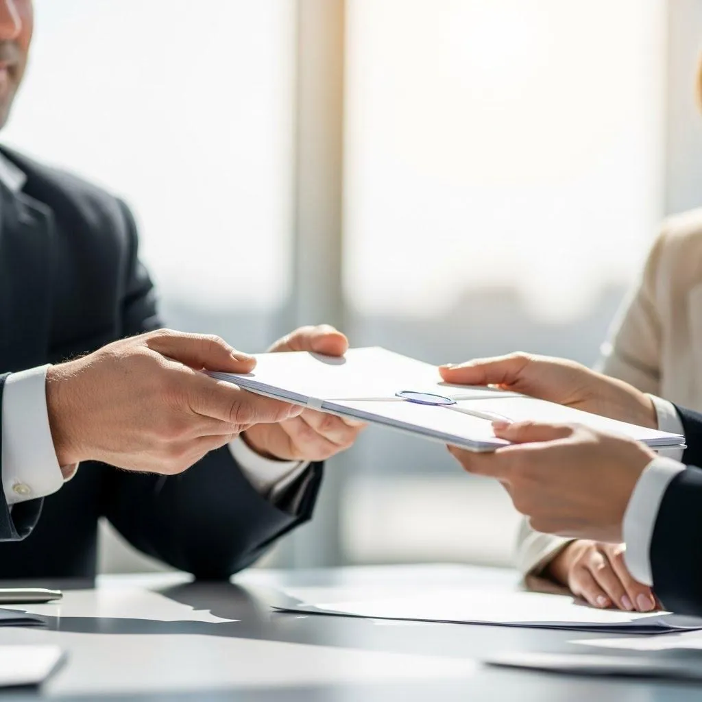 Imagen de dos manos, una mayor y una joven, estrechándose sobre una mesa de madera oscura, fondo desenfocado con detalles dorados, simbolizando la transferencia de legado y confianza, luz cálida y composición elegante, transmitiendo seguridad y continuidad generacional.