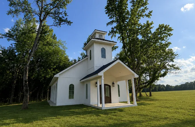 A watercolor painting of a small white church with a bell tower and black roof, surrounded by green bushes and trees under a blue sky.