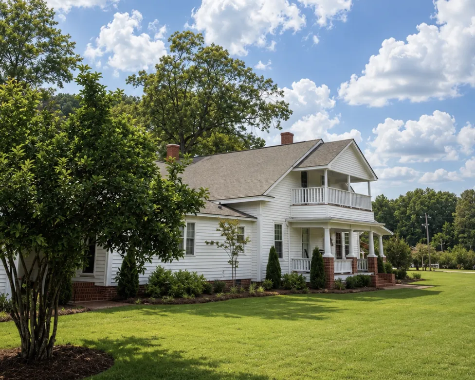 A watercolor painting of a white house with a front porch, brick steps, and a dark door, surrounded by green lawns and trees on a sunny day.