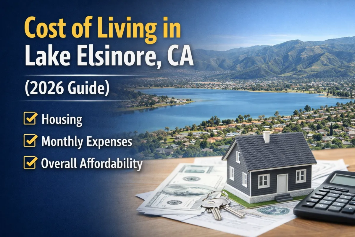 Cost of living in Lake Elsinore CA showing housing prices, monthly expenses, and affordability overview