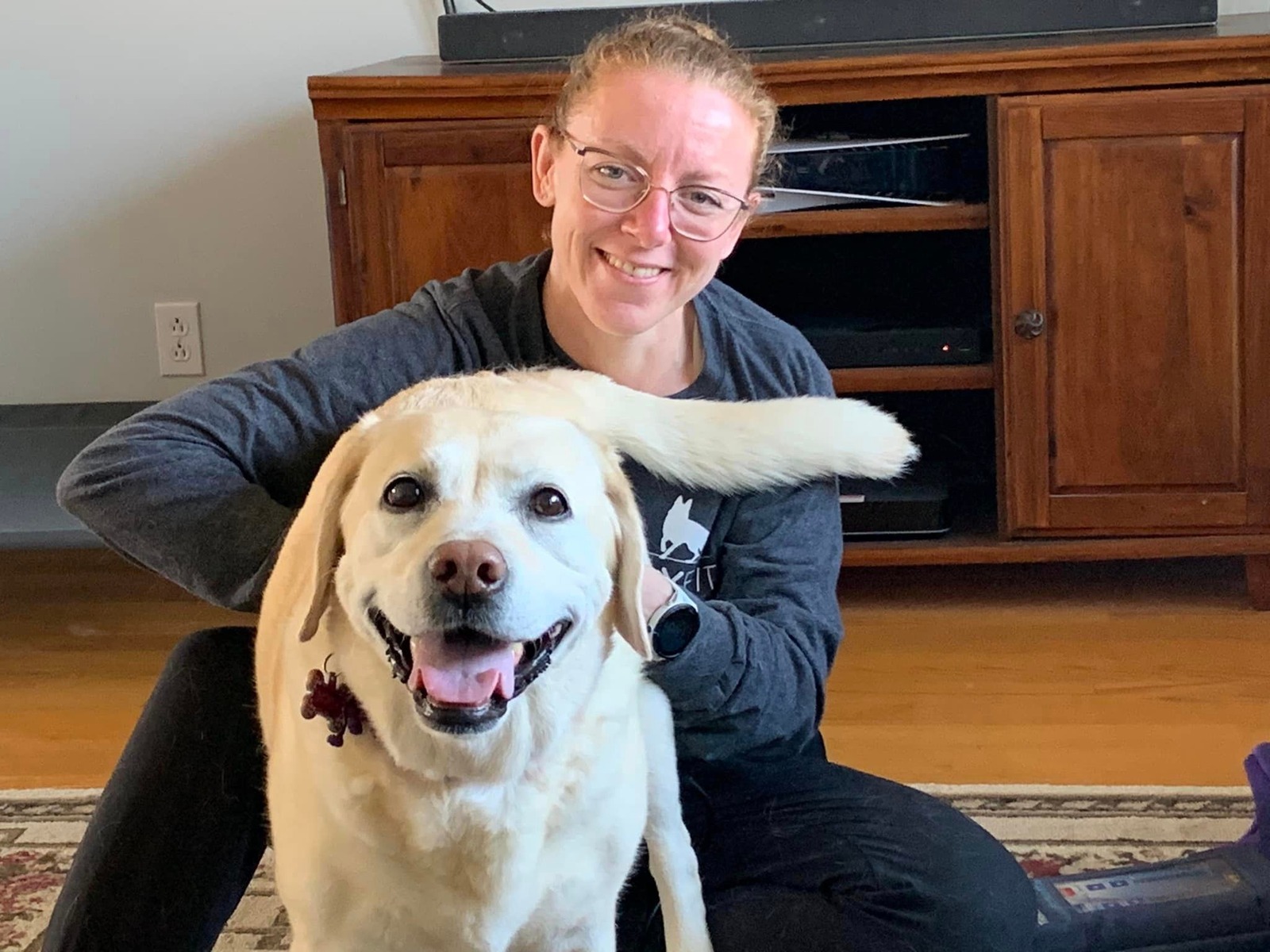 Happy dog receiving hands-on physio care.