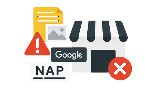 Illustration des erreurs fréquentes sur Google Business : catégorie mal définie, incohérences NAP, avis non gérés et absence de suivi des performances.