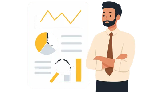 Illustration d’un consultant présentant un rapport d’analyse avec graphiques et données, représentant un audit personnalisé de la visibilité locale pour les commerces à Genève.