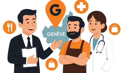 Consultant à Genève entouré d’un restaurateur, d’un commerçant et d’un professionnel de santé, symbolisant un accompagnement local personnalisé pour booster la visibilité Google Business.