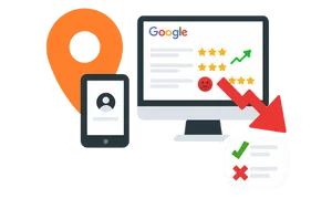 Illustration d’une fiche Google avec localisation, avis clients et flèche rouge symbolisant une mauvaise performance. Accompagnée de questions clés pour optimiser sa visibilité sur Google Maps.