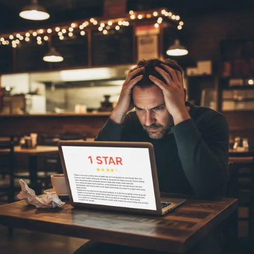 Client stressé devant un avis Google négatif 1 étoile – impact d’une mauvaise e-réputation sur les restaurants locaux à Genève.