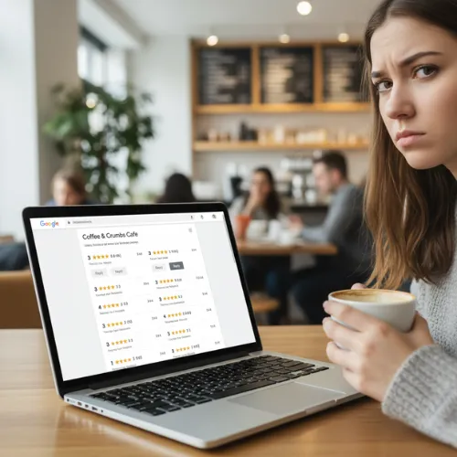 Clientne hésitante face à de mauvais avis Google – perte de confiance et baisse de conversion pour les entreprises locales.