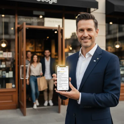 Commerçant satisfait affichant sa fiche Google optimisée – note moyenne améliorée à 4,6★ et plus grâce à une gestion proactive des avis.