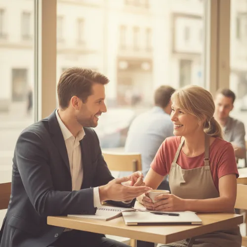 Consultant digital accompagnant un commerce local pour améliorer sa réputation en ligne et obtenir des conseils personnalisés gratuits.