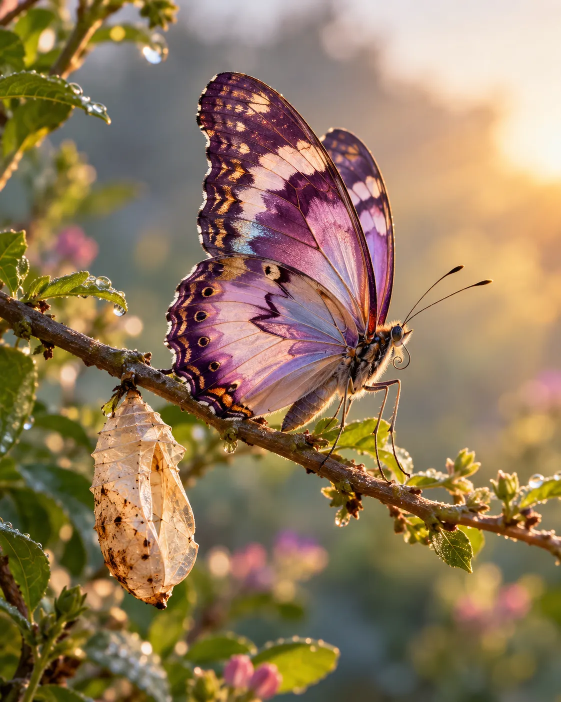 Macro texture of delicate, luminous butterfly wing with soft plum and subtle golden iridescent hues