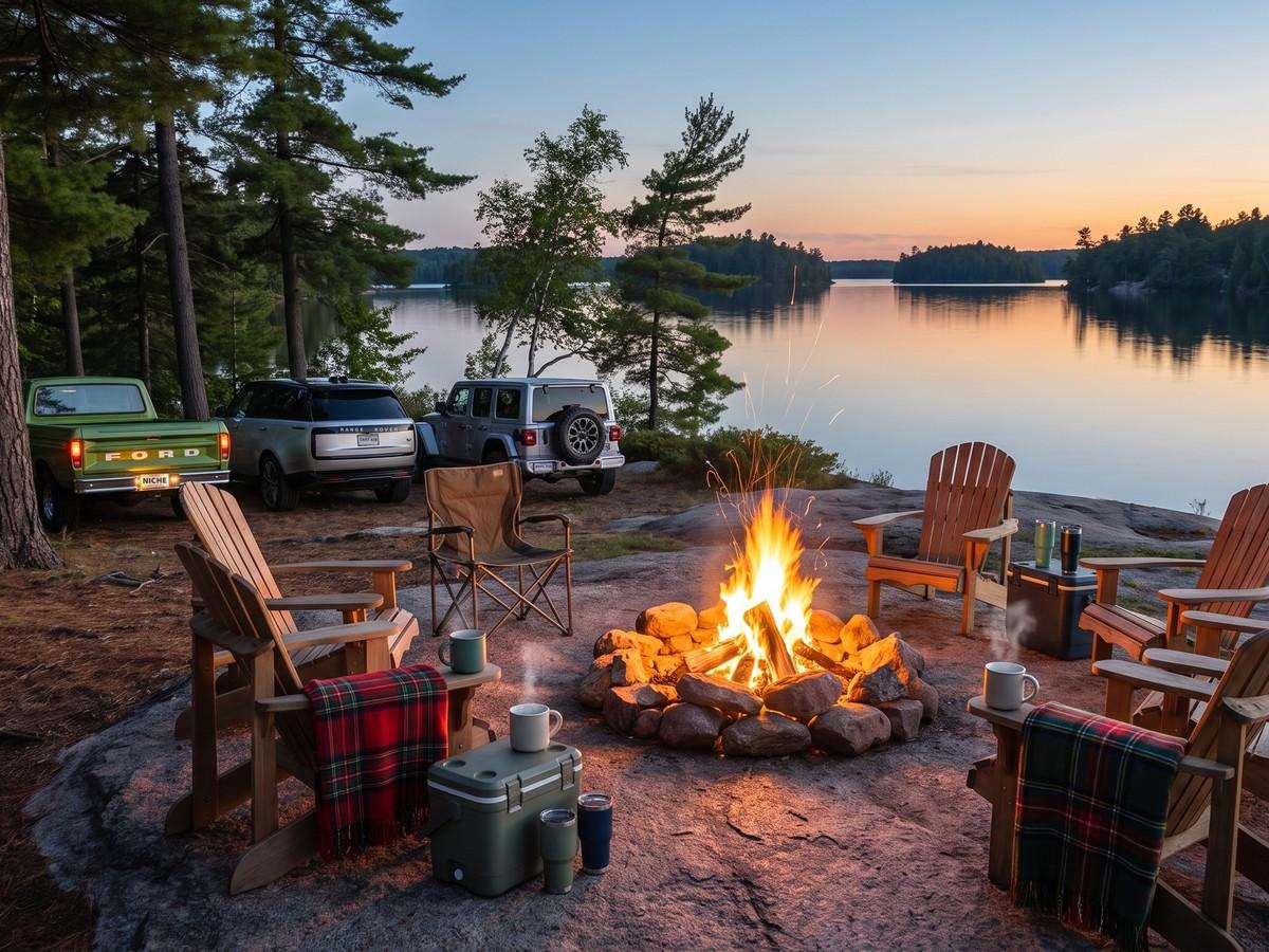 Campfire on a granite point overlooking a Muskoka lake at dusk