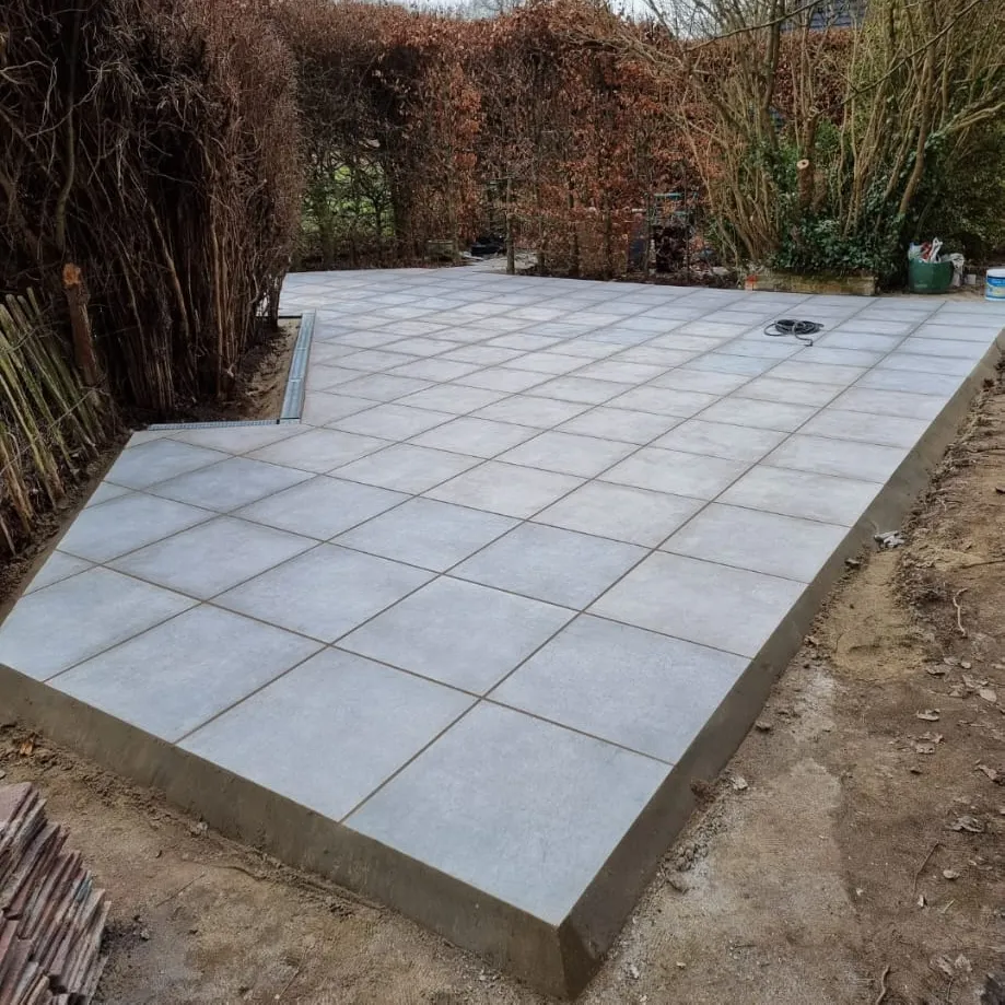 Porcelain paving installation in Ipswich with large format slabs on a mortar bed