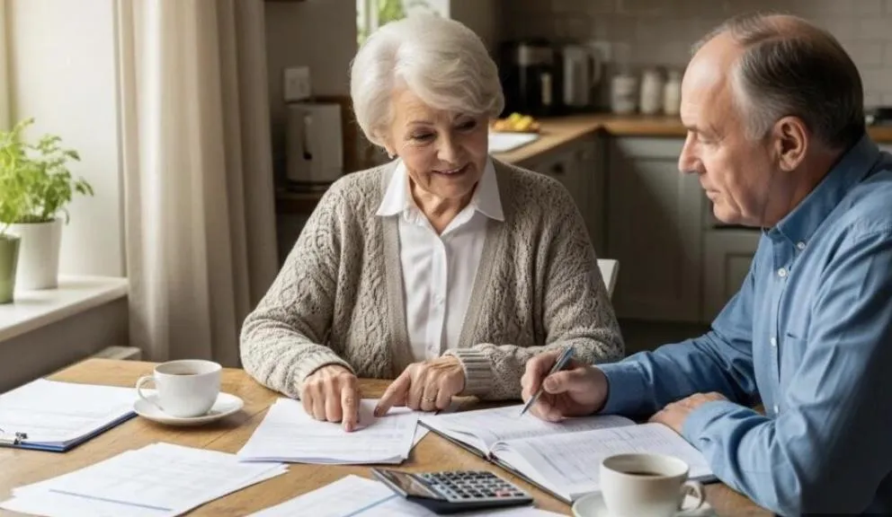 Canadian seniors reviewing reverse mortgage contract fine print