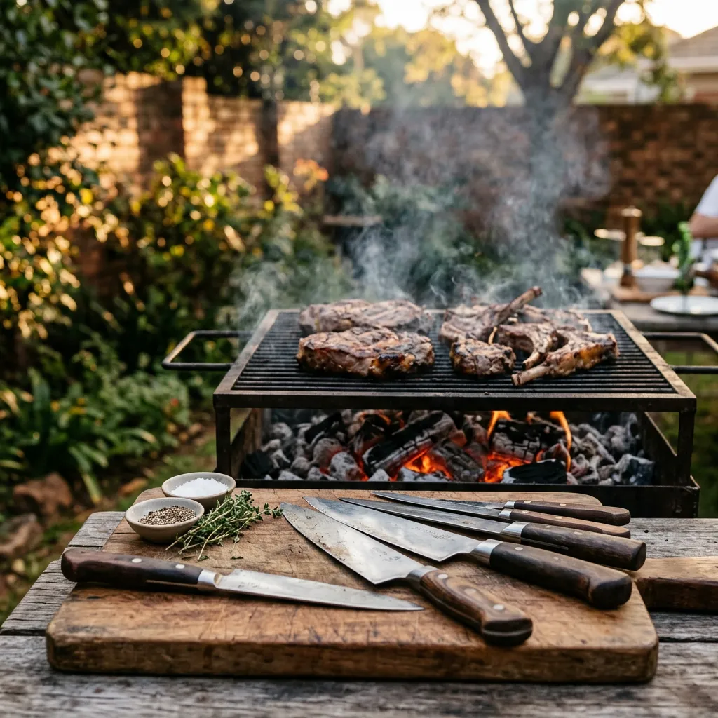 High-contrast monochrome photo of heavy forged steel braai grids over glowing embers