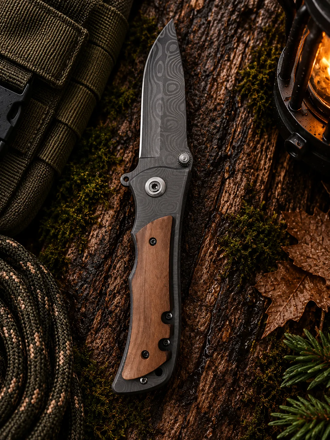 High-contrast monochrome photo of a hand-forged steel chef knife resting on dark slate