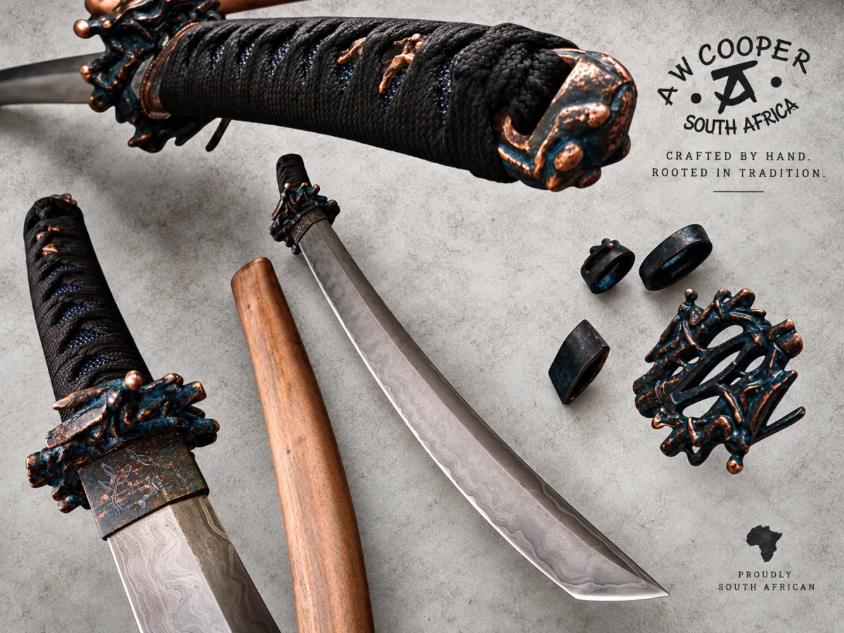 High-contrast monochrome photo of a hand-forged steel chef knife resting on dark slate