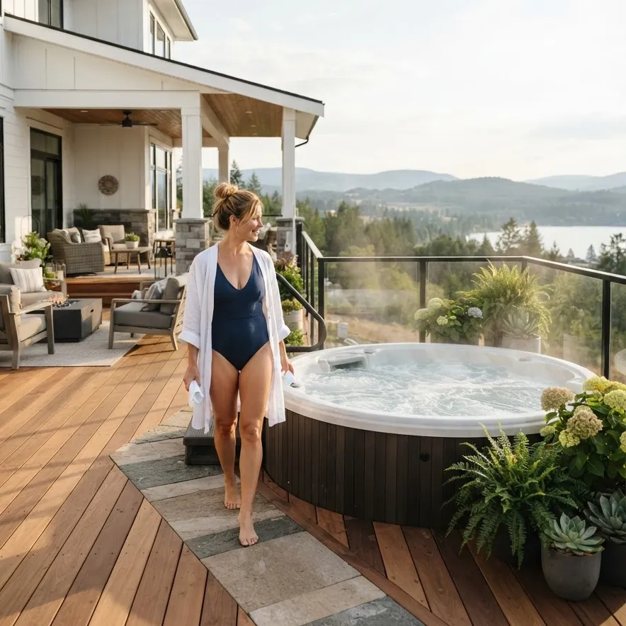 Woman walking toward hot tub on deck outside beautiful white home